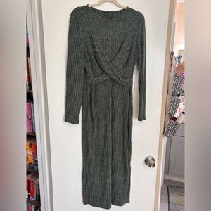SHEIN Olive Ribbed Wrap-Front Long Sleeve Midi Dress